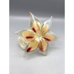 Vtg Handblown Glass Flower Paperweight‎ Beige Red Decor Spiral Stem